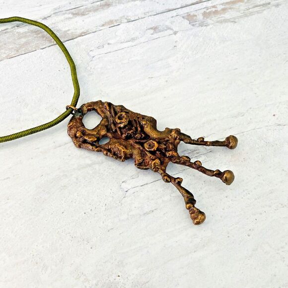 Vintage Massive Size Modernist Brutalist Bronze Copper Brass Pendant Necklace - Picture 3 of 7